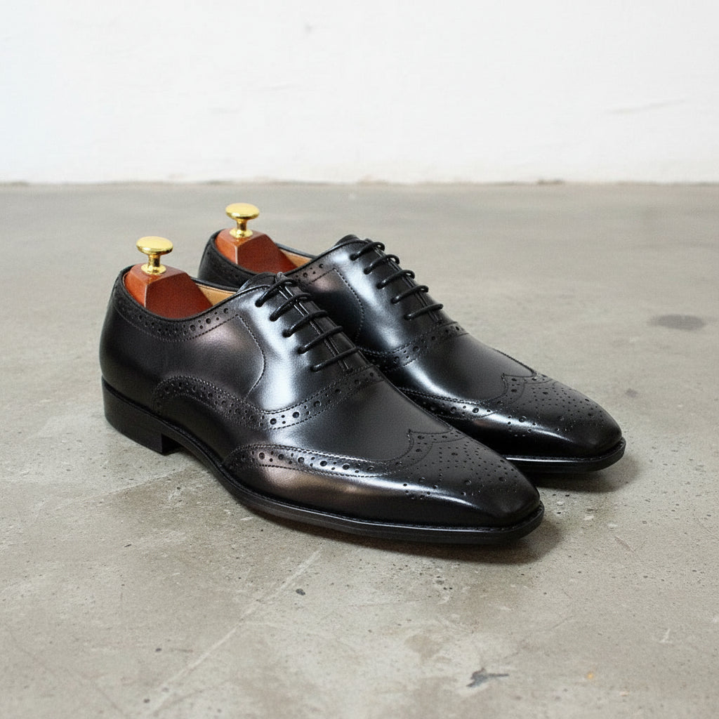 Handmade Mens back leather brogue dress shoes, Men Tuxedo shoes - 3-4-right-view