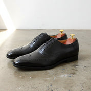 Handmade Mens back leather brogue dress shoes, Men Tuxedo shoes - angle-view-showing-depth