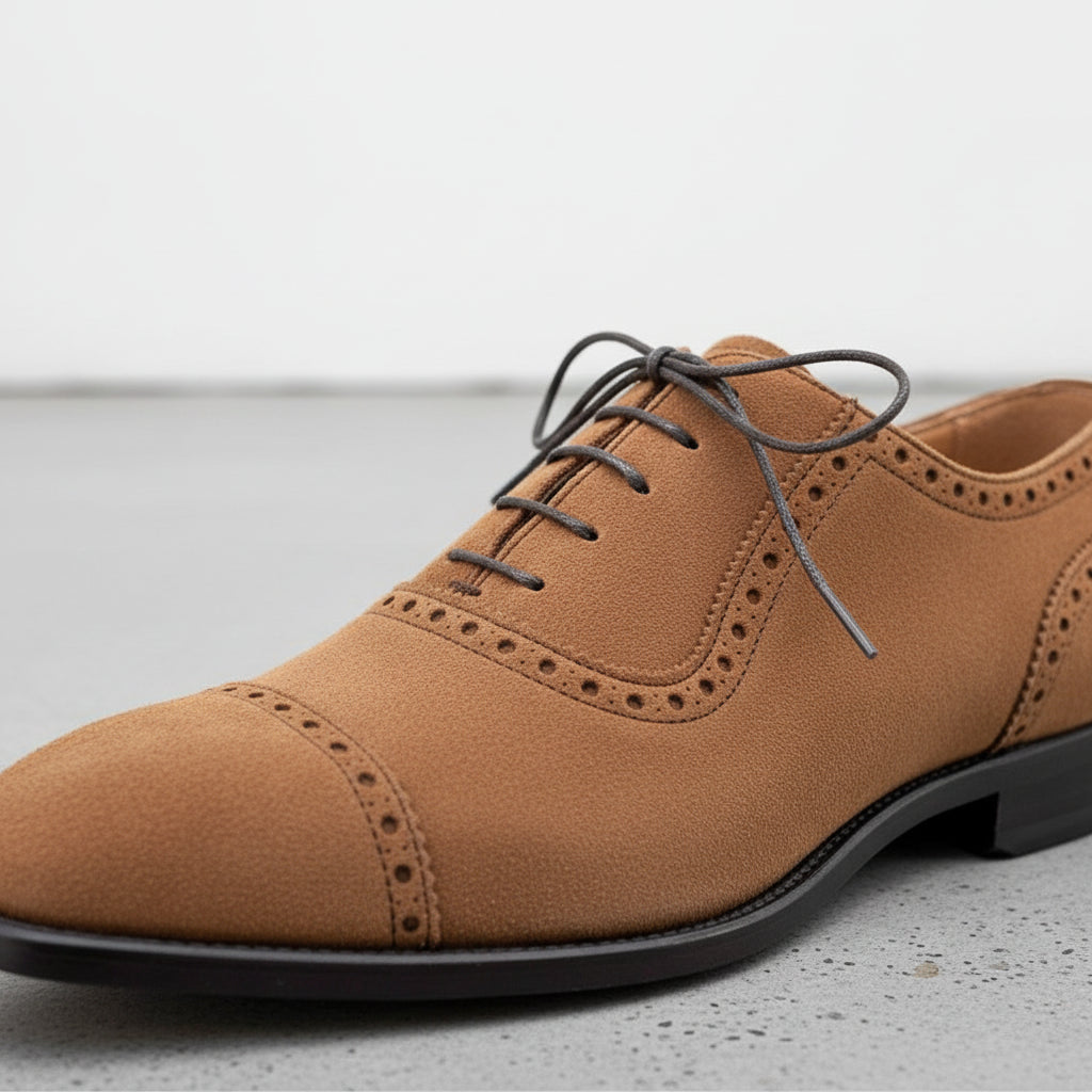 Handmade Mens Beige Color Suede Brogue Dress Shoes, Men Oxford