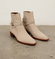 Handmade Mens Beige suede Jodhpurs boot, Men beige suede ankle strap boots - angle-view-showing-depth