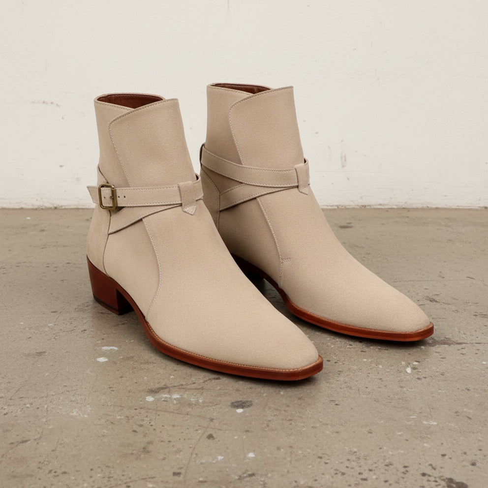 Handmade Mens Beige suede Jodhpurs boot, Men beige suede ankle strap boots - angle-view-showing-depth