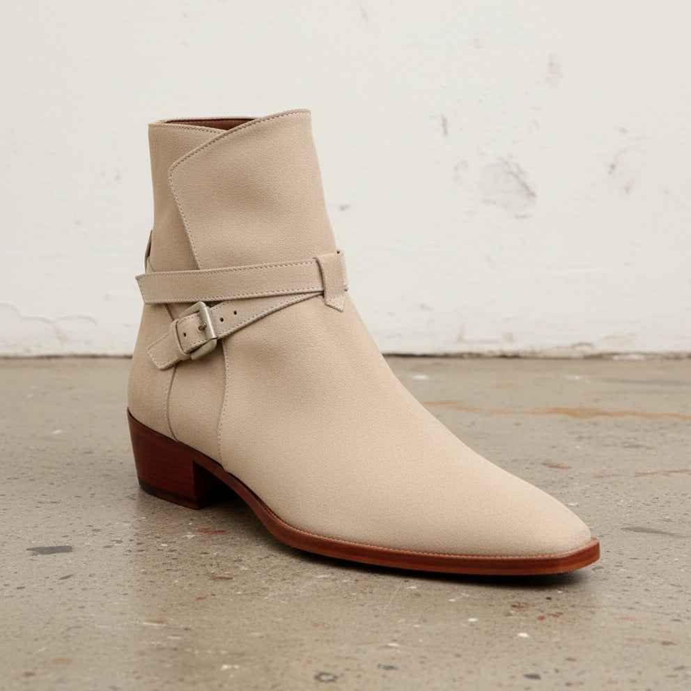 Handmade Mens Beige suede Jodhpurs boot, Men beige suede ankle strap boots - detail-view-showing-texture