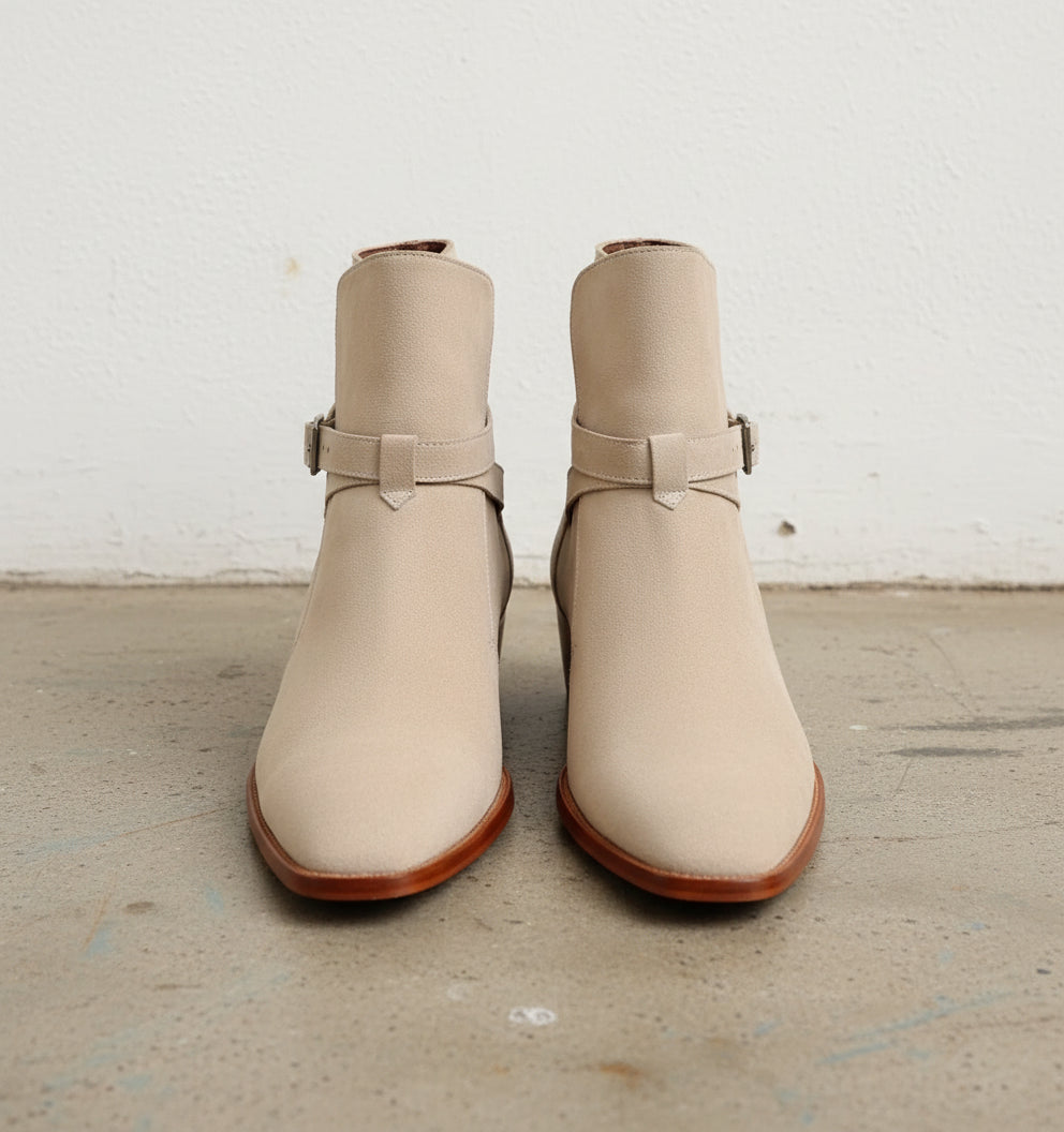 Handmade Mens Beige suede Jodhpurs boot, Men beige suede ankle strap boots - front-view