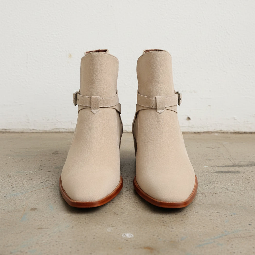 Handmade Mens Beige suede Jodhpurs boot, Men beige suede ankle strap boots - front-view