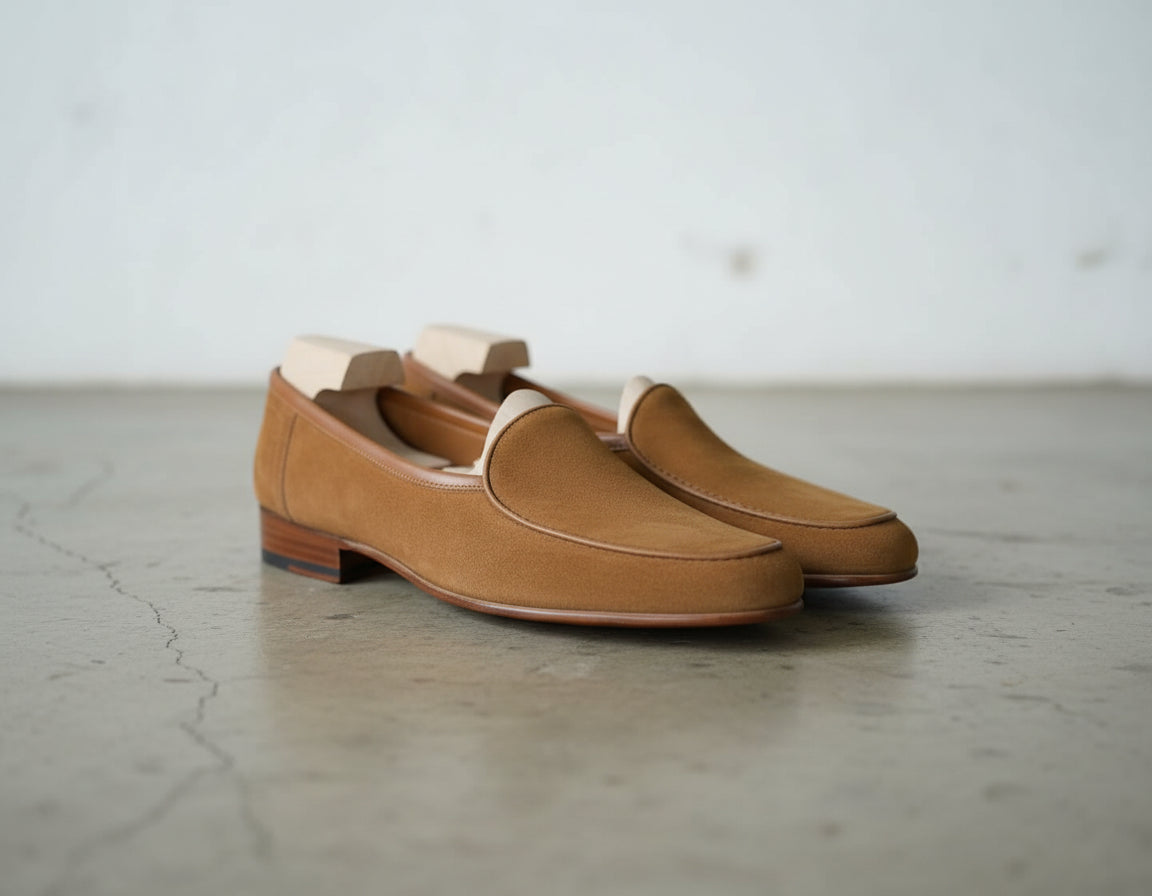 Handmade Mens Beige suede moccasins, Men suede penny loafer, Shoes for men - angle-view-showing-depth