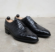 Handmade Mens Black Alligator shoes, Men crocodile embossed dress shoes - angle-view-showing-depth
