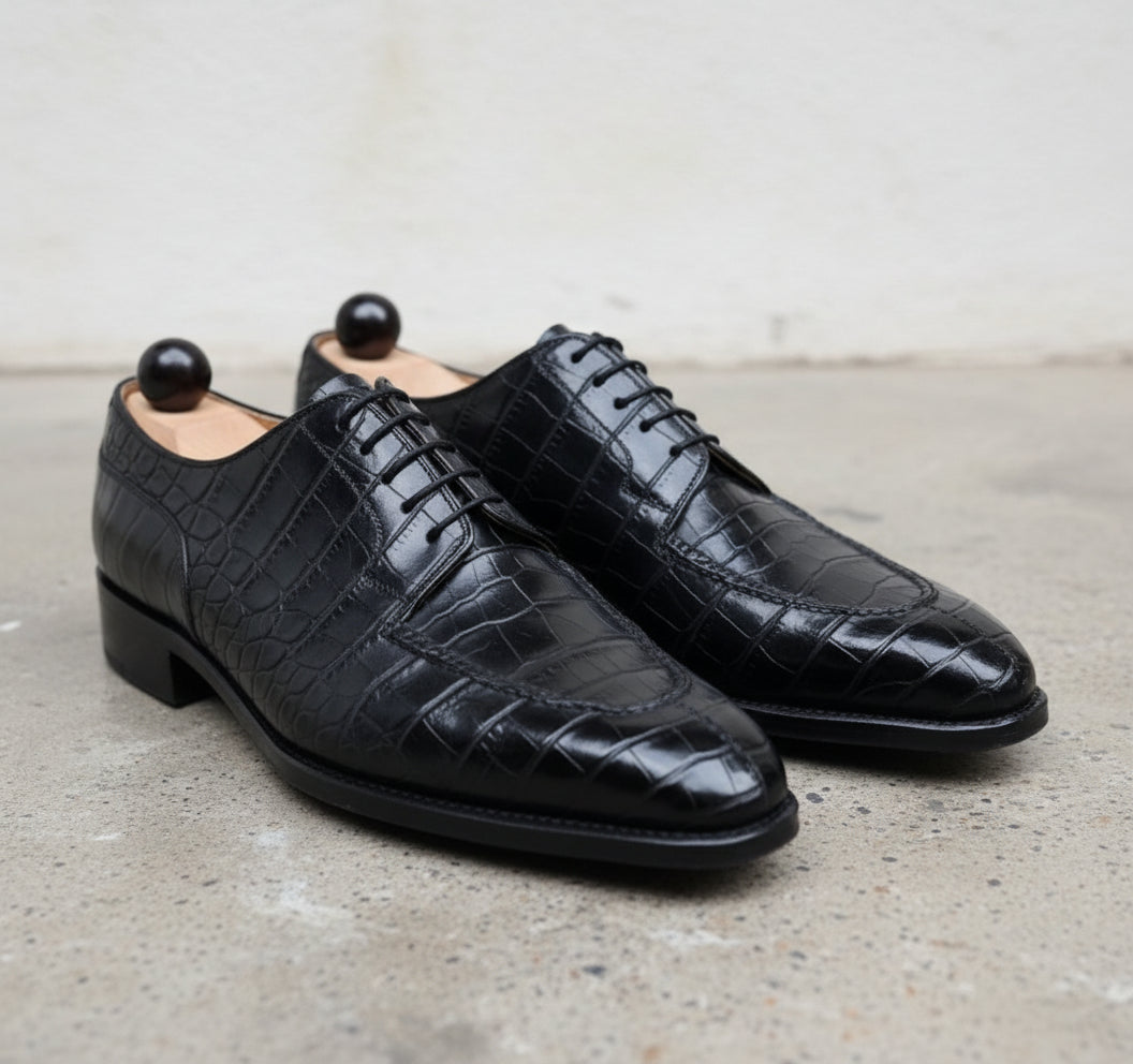 Handmade Mens Black Alligator shoes, Men crocodile embossed dress shoes - angle-view-showing-depth