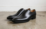 Handmade Mens black brogue leather shoes, Men black tuxedo shoes - angle-view-showing-depth