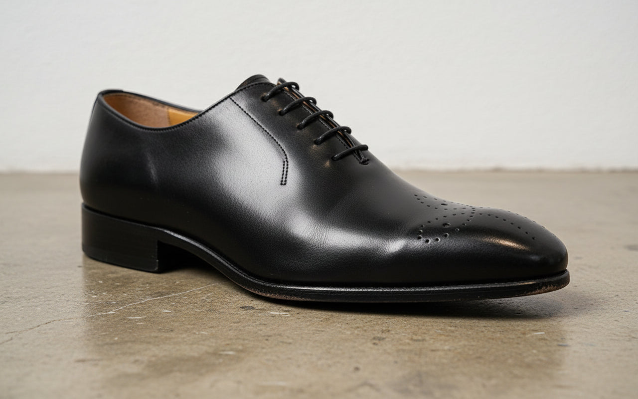 Handmade Mens black brogue leather shoes, Men black tuxedo shoes - detail-view-showing-texture