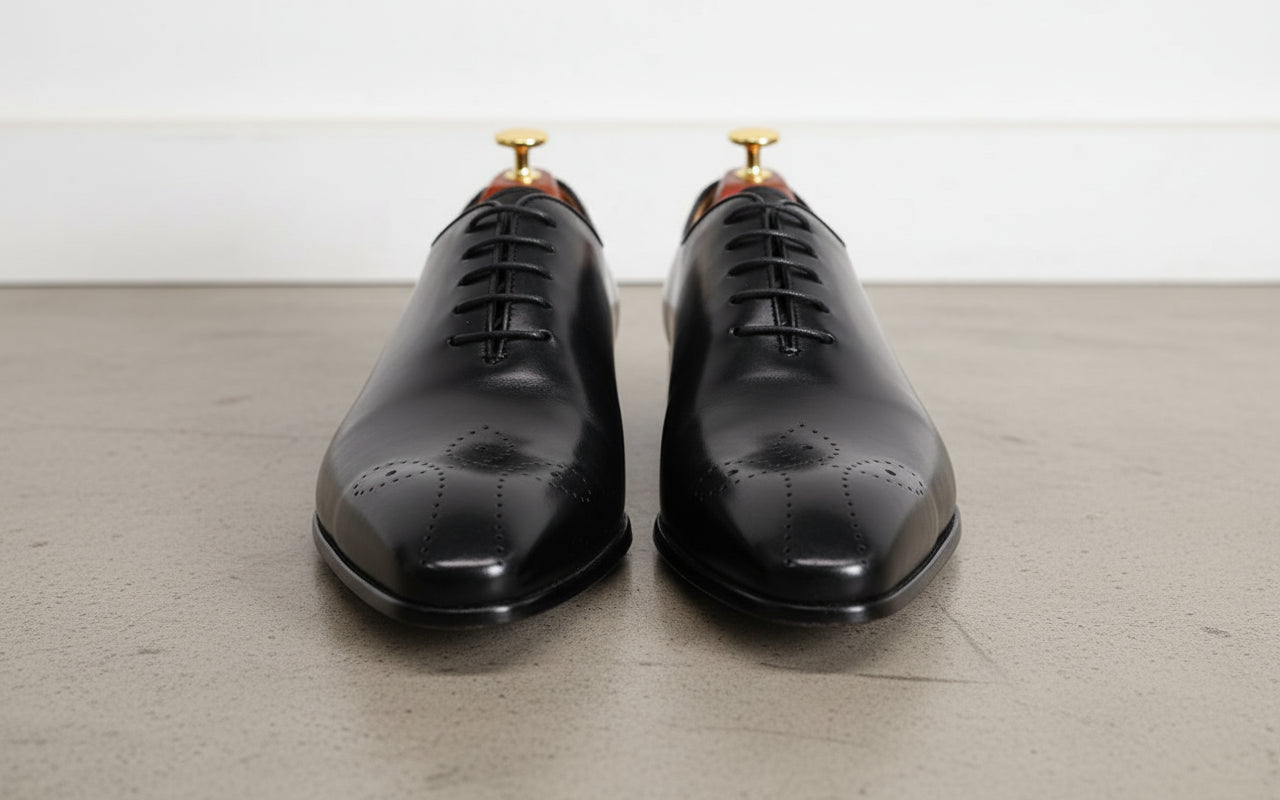 Handmade Mens black brogue leather shoes, Men black tuxedo shoes - front-view