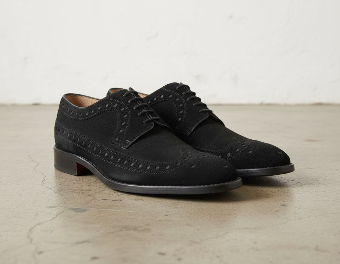 Handmade Mens black brogue Oxford dress shoes, Men black suede formal shoes - angle-view-showing-depth