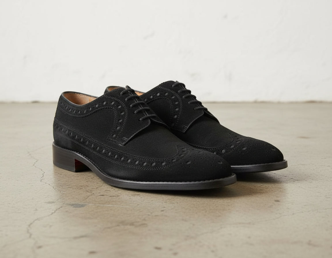 Handmade Mens black brogue Oxford dress shoes, Men black suede formal shoes - angle-view-showing-depth