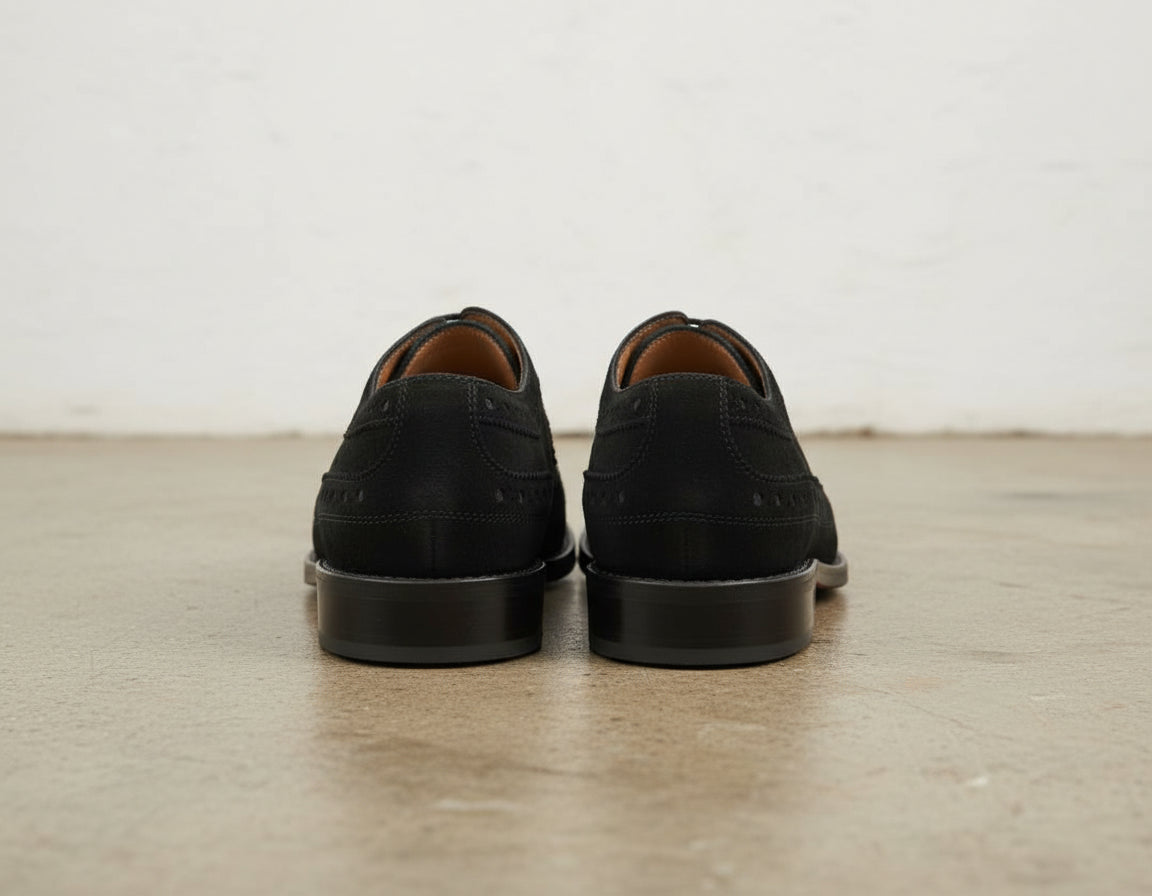 Handmade Mens black brogue Oxford dress shoes, Men black suede formal shoes - back-view