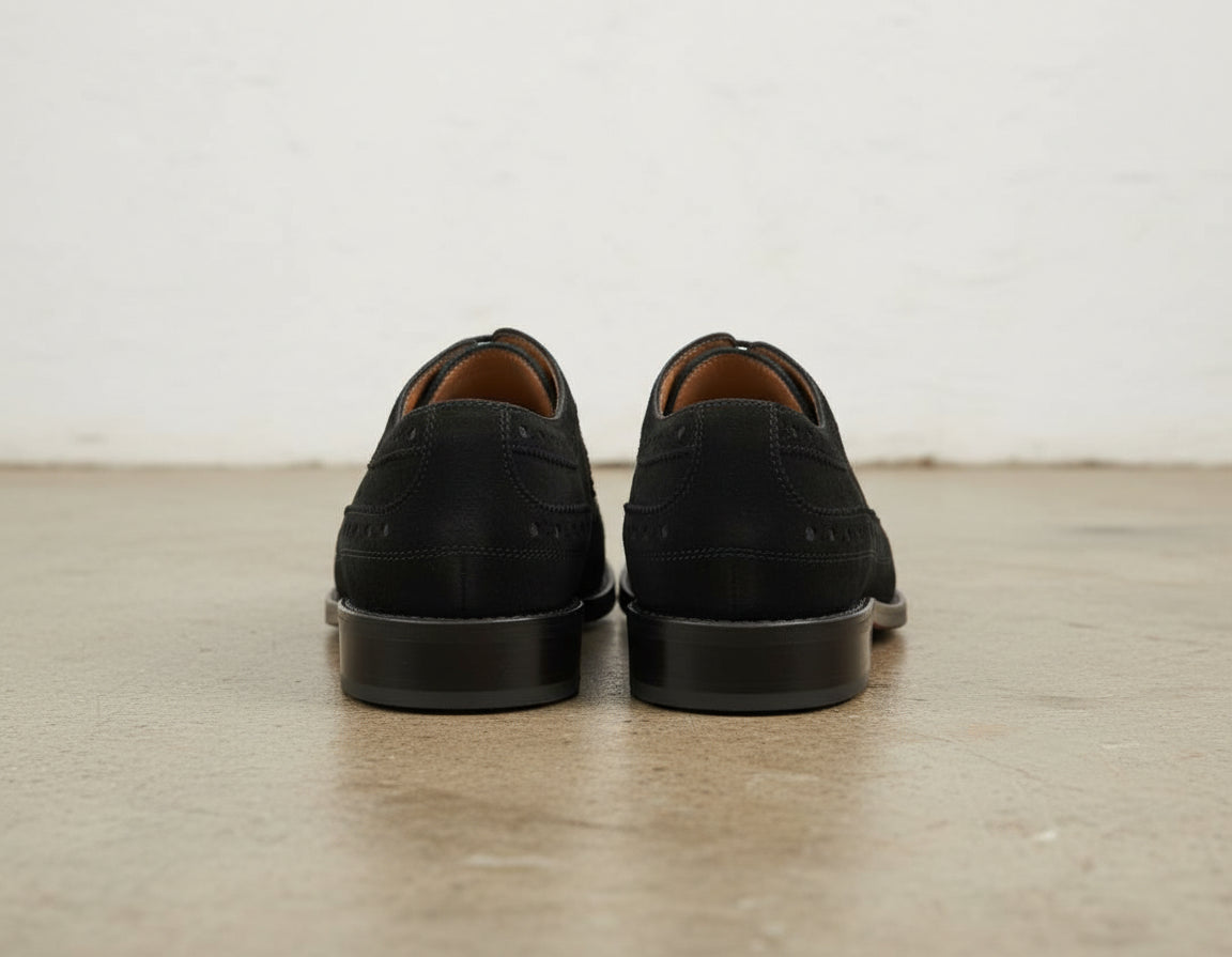 Handmade Mens black brogue Oxford dress shoes, Men black suede formal shoes - back-view