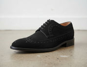 Handmade Mens black brogue Oxford dress shoes, Men black suede formal shoes - detail-view-showing-texture