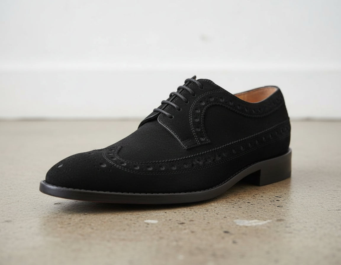 Handmade Mens black brogue Oxford dress shoes, Men black suede formal shoes - detail-view-showing-texture