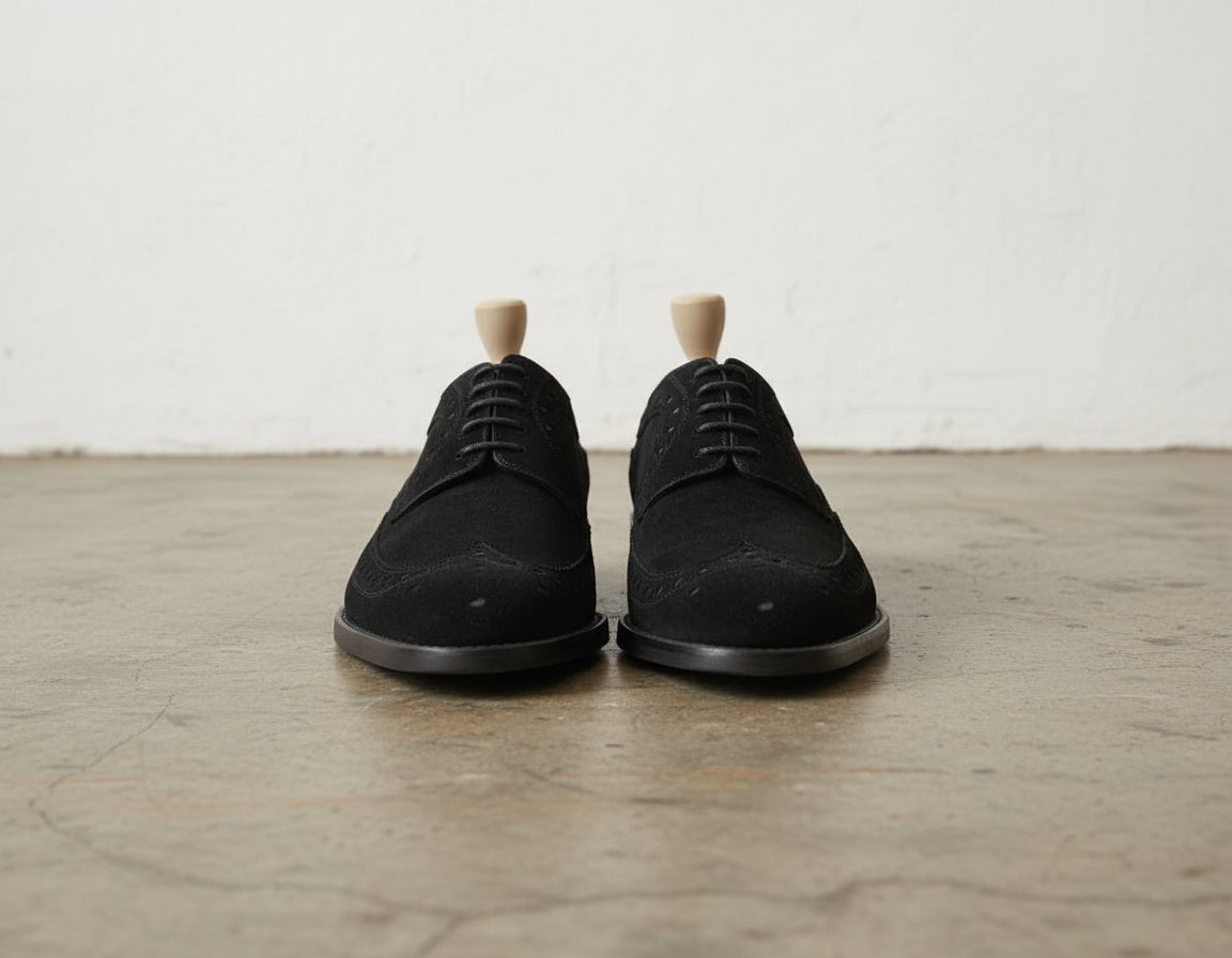 Handmade Mens black brogue Oxford dress shoes, Men black suede formal shoes - front-view