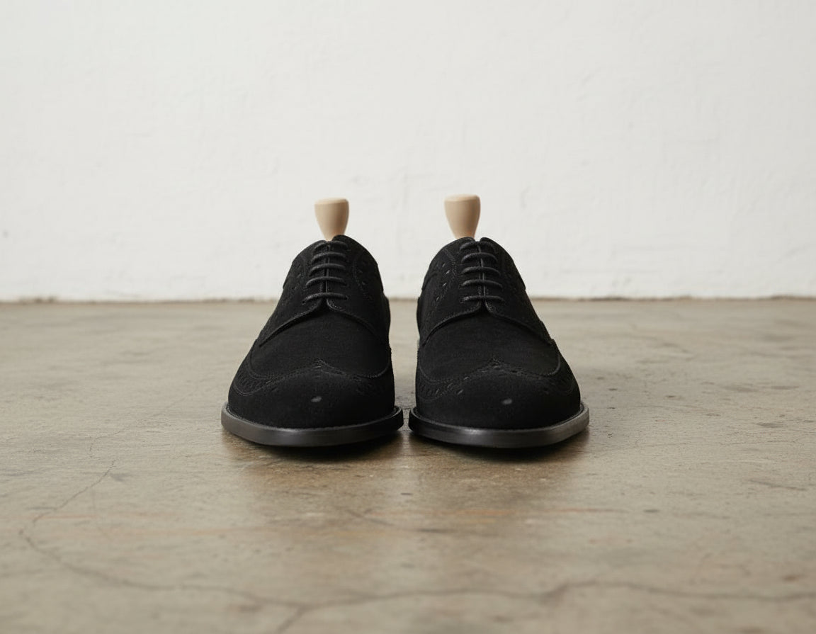 Handmade Mens black brogue Oxford dress shoes, Men black suede formal shoes - front-view