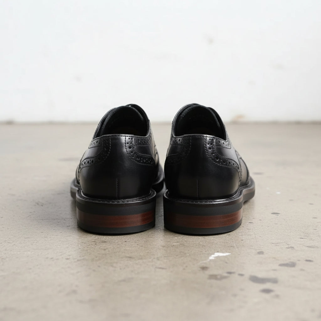 Handmade Men's Black & Brown Leather Wingtip Dress Shoes - back-view