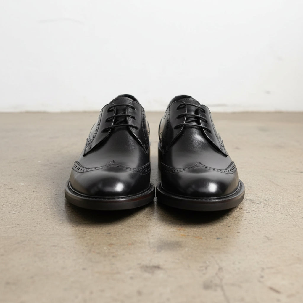 Handmade Men's Black & Brown Leather Wingtip Dress Shoes - front-view