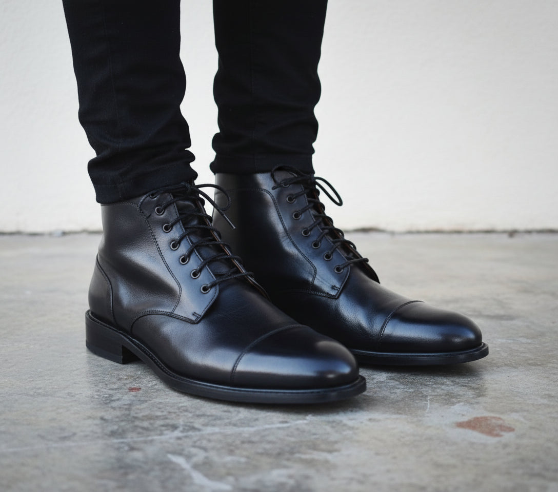 Handmade Mens Black Cap toe Ankle high boots, Mens Oxfords lace up boots - 3-4-right-view