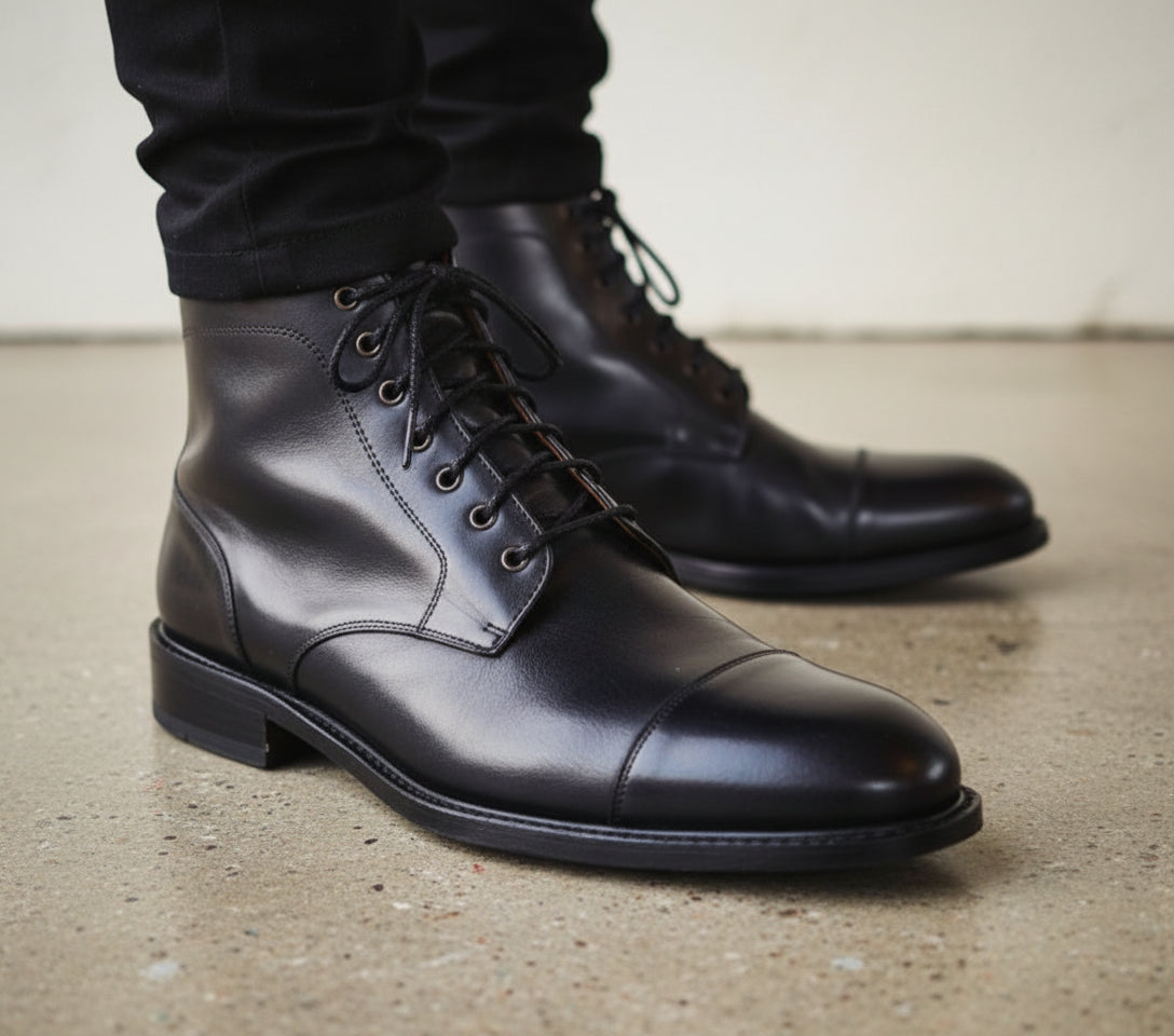 Handmade Mens Black Cap toe Ankle high boots, Mens Oxfords lace up boots Rebels Market Handmade Mens Black Cap toe Ankle high boots, Mens Oxfords lace up boots Rebels Market