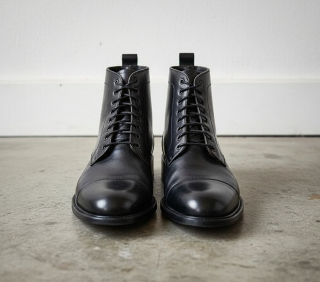Handcrafted Men's Black Cap Toe Ankle Boots