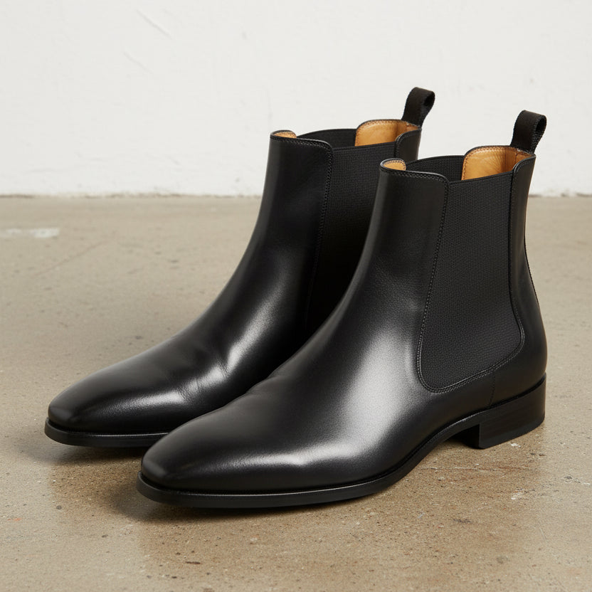 Handmade Men's Black Chelsea Boot, Black Leather Boots, Mens Ankle Boot - angle-view-showing-depth