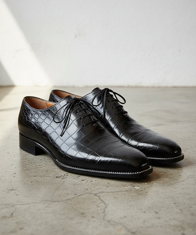 Handmade Mens Black Crocodile Dress shoes, Black Alligators formal shoes