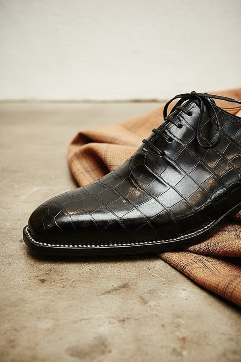 Handmade Mens Black Crocodile Dress shoes, Black Alligators formal shoes