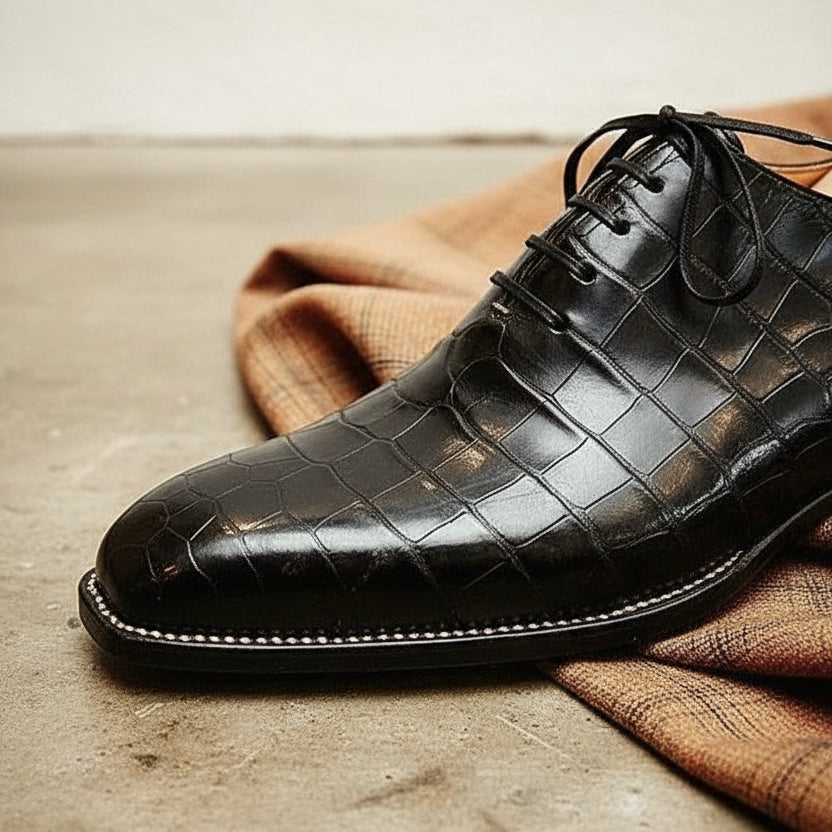 Handmade Mens Black Crocodile Dress shoes, Black Alligators formal shoes