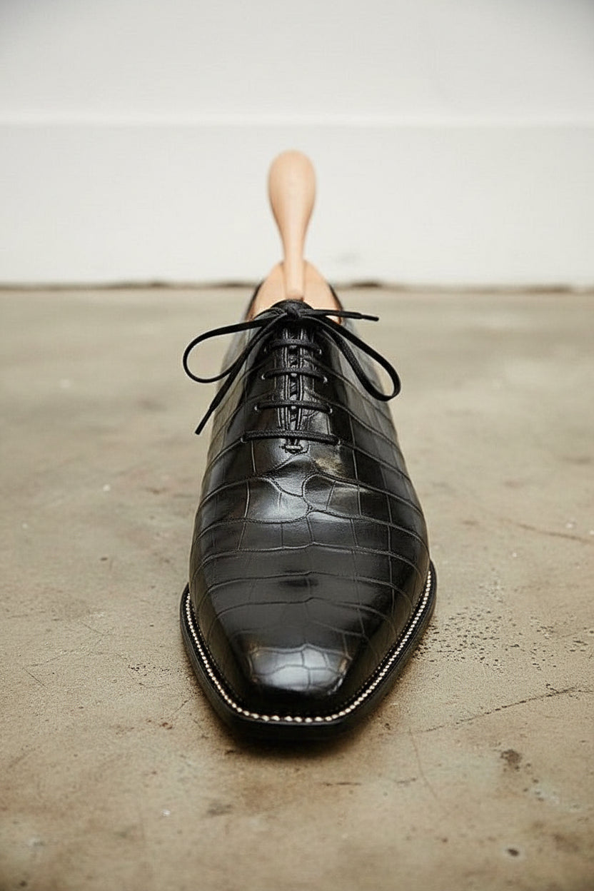 Handmade Mens Black Crocodile Dress shoes, Black Alligators formal shoes