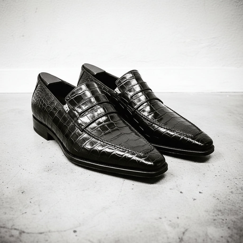 Handmade Mens Black Crocodile Embossed Leather Shoes moccasins - angle-view-showing-depth