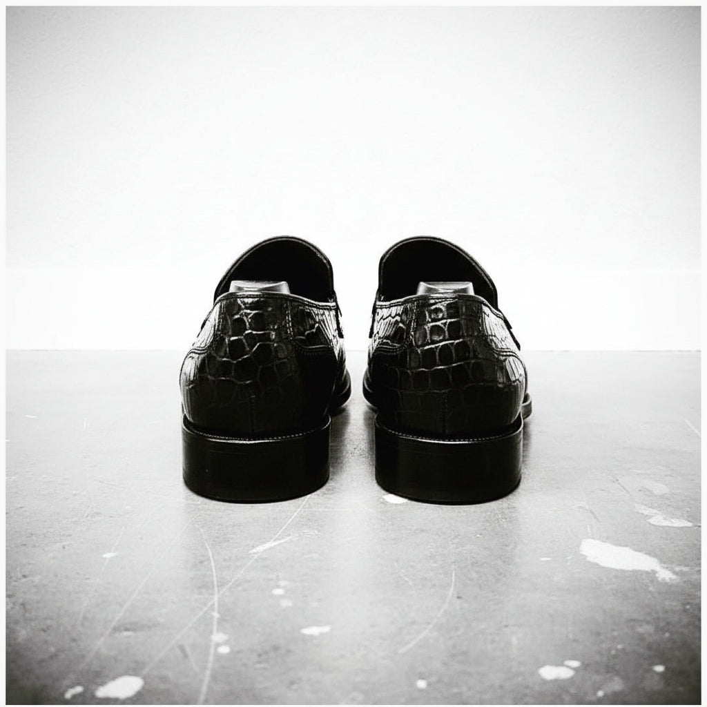 Handmade Mens Black Crocodile Embossed Leather Shoes moccasins - back-view