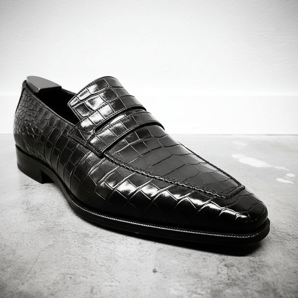 Handmade Mens Black Crocodile Embossed Leather Shoes moccasins - detail-view-showing-texture