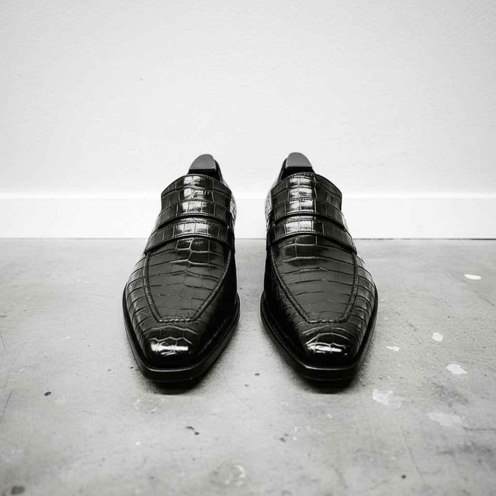 Handmade Mens Black Crocodile Embossed Leather Shoes moccasins - front-view