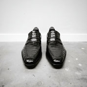 Handmade Mens Black Crocodile Embossed Leather Shoes moccasins - front-view