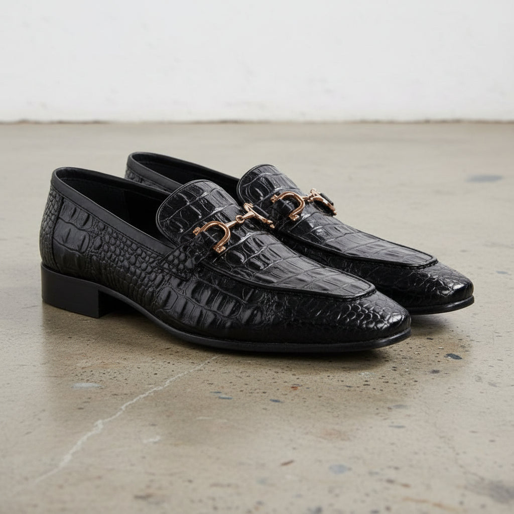 Handmade Mens black crocodile leather shoes, Men black leather moccasins - angle-view-showing-depth