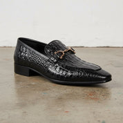 Handmade Mens black crocodile leather shoes, Men black leather moccasins - detail-view-showing-texture