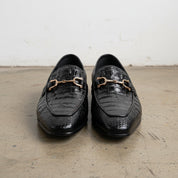 Handmade Mens black crocodile leather shoes, Men black leather moccasins - front-view