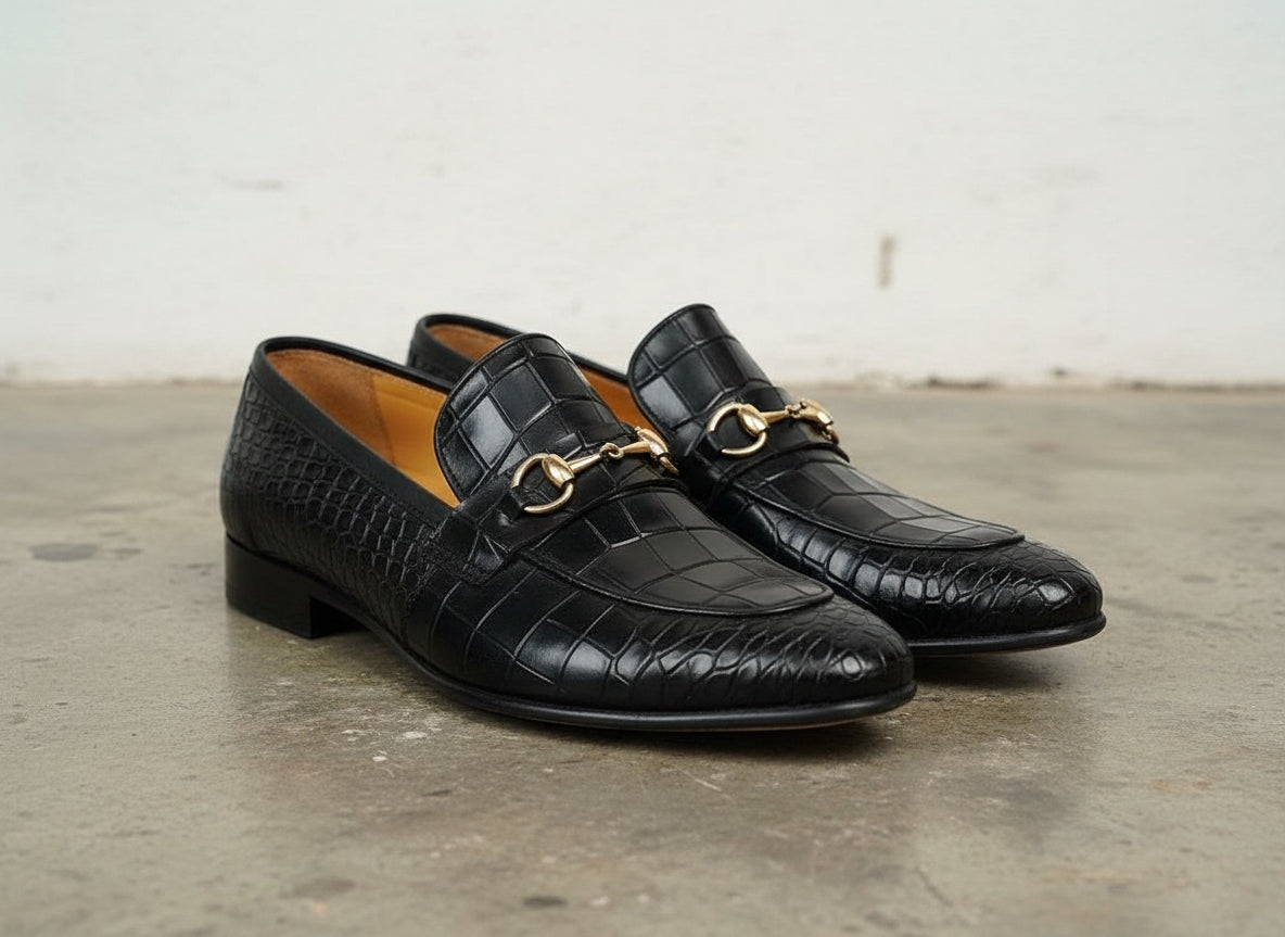 Handmade Mens black crocodile moccasins loafer, Men alligators texture shoe - 3-4-right-view