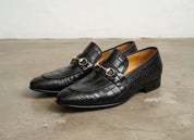 Handmade Mens black crocodile moccasins loafer, Men alligators texture shoe - angle-view-showing-depth