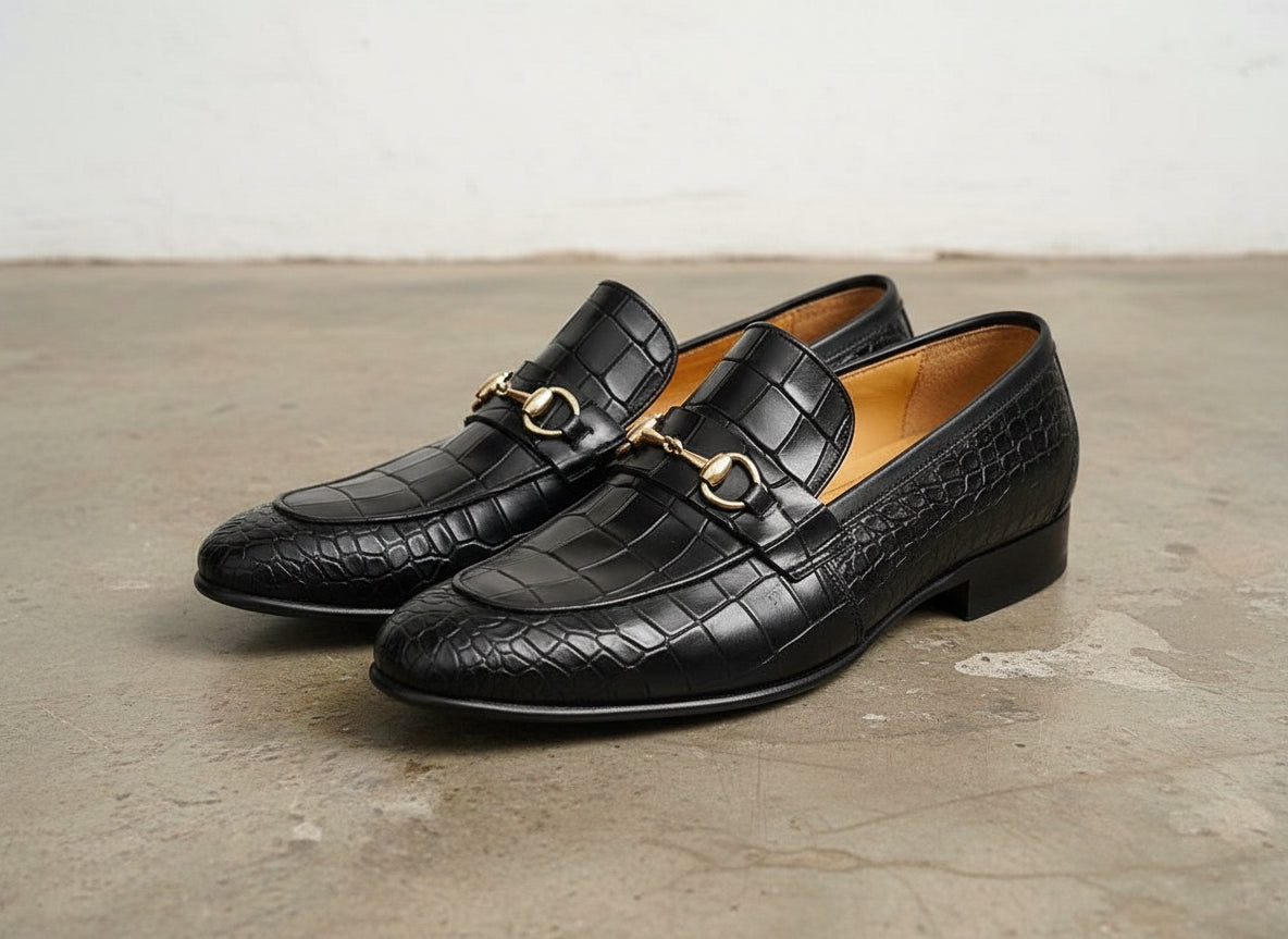 Handmade Mens black crocodile moccasins loafer, Men alligators texture shoe - angle-view-showing-depth
