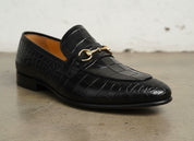 Handmade Mens black crocodile moccasins loafer, Men alligators texture shoe - detail-view-showing-texture