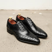 Handmade Mens Black Crocodile Patterned Dress shoes Men oxford formal shoes - 3-4-right-view