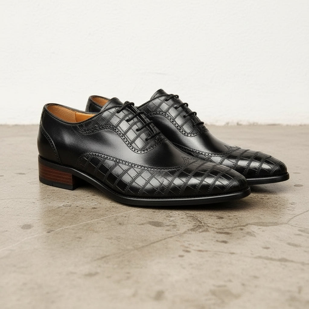 Handmade Mens Black Crocodile Patterned Dress shoes Men oxford formal shoes - angle-view-showing-depth