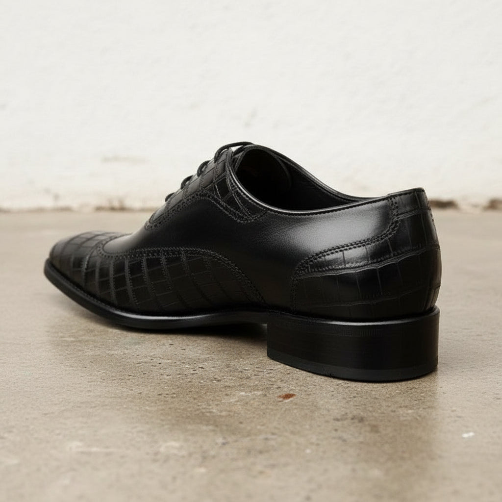 Handmade Mens Black Crocodile Patterned Dress shoes Men oxford formal shoes - detail-view-showing-texture