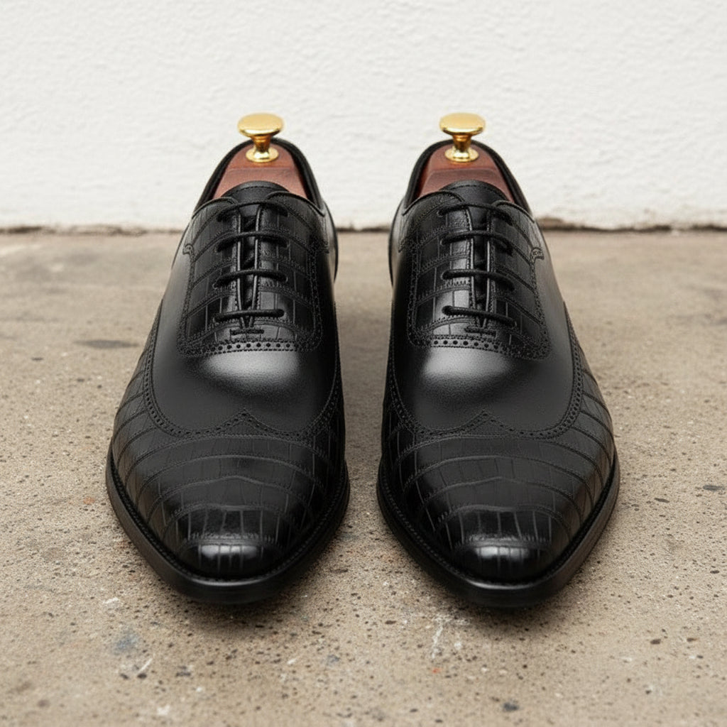 Handmade Mens Black Crocodile Patterned Dress shoes Men oxford formal shoes - front-view