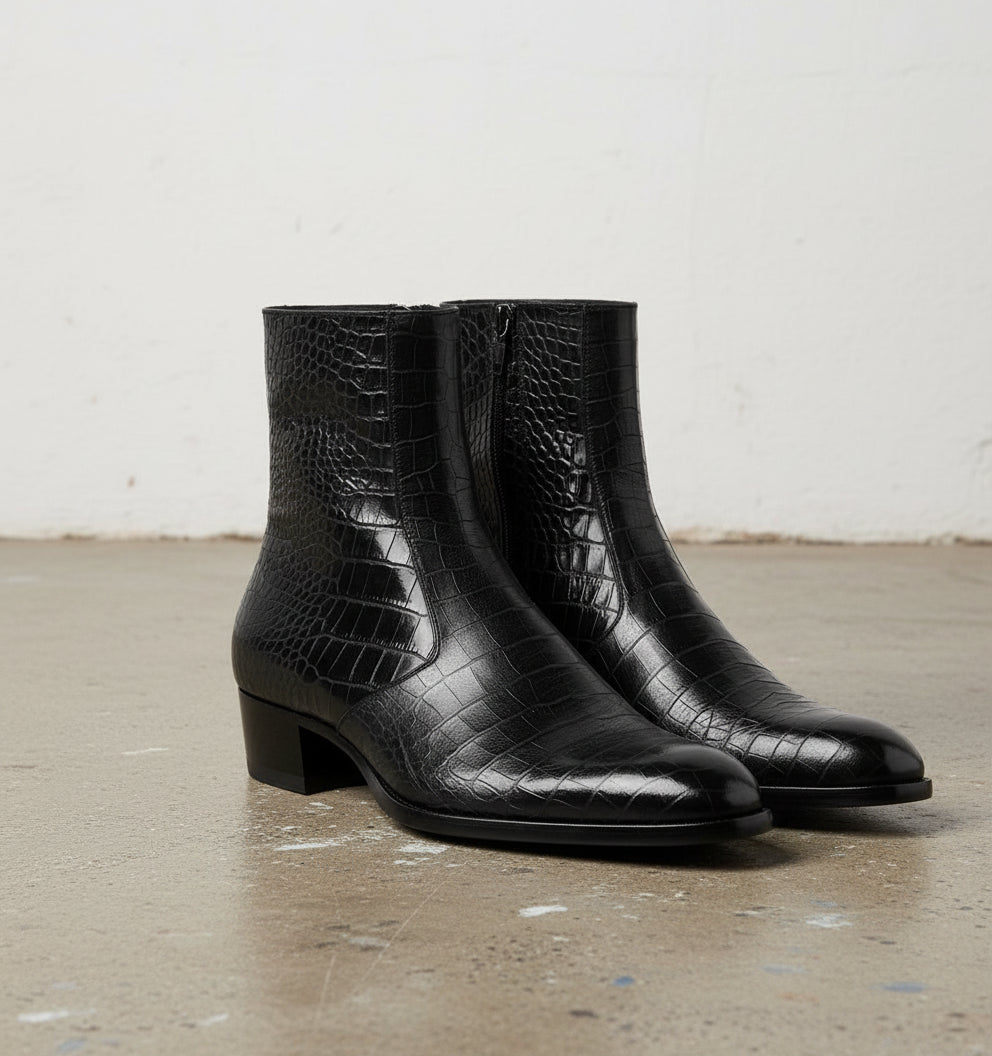 Handmade Mens Black crocodile zipper boots, Men black ankle dress boot - angle-view-showing-depth