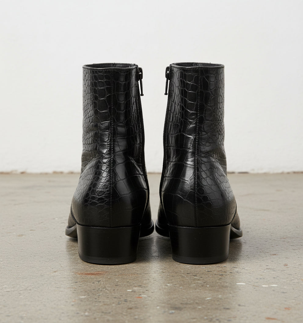 Handmade Mens Black crocodile zipper boots, Men black ankle dress boot - back-view